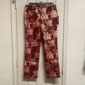 Soft Surroundings Perfect Ponte Straight Leg Pants Floral Gold Print on Reds PM